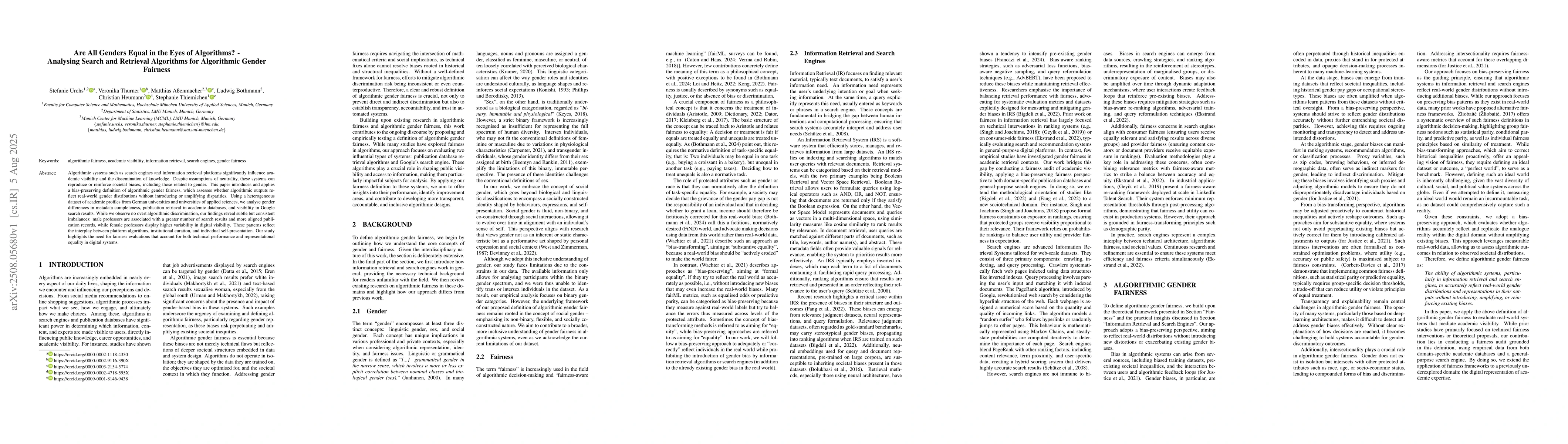 Thumbnail for Are All Genders Equal in the Eyes of Algorithms? -- Analysing Search and
  Retrieval Algorithms for Algorithmic Gender Fairness