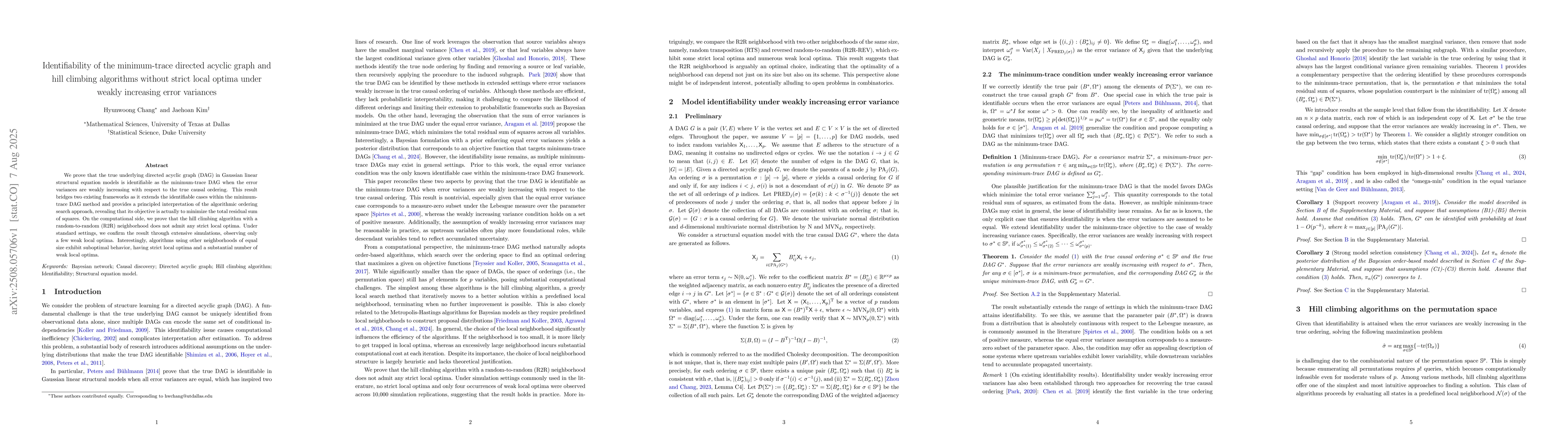 Thumbnail for Identifiability of the minimum-trace directed acyclic graph and hill
  climbing algorithms without strict local optima under weakly increasing error
  variances