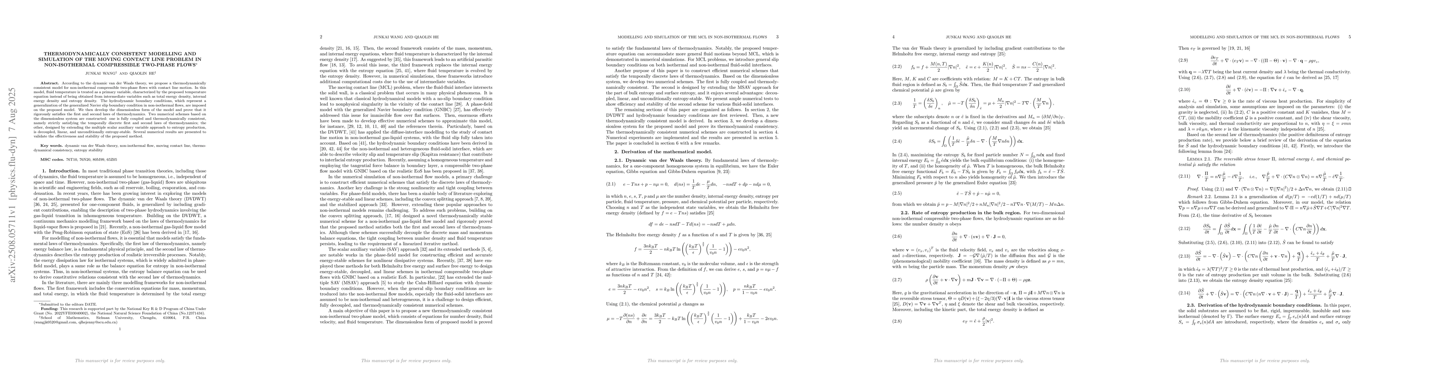Thumbnail for Thermodynamically consistent modelling and simulation of the moving
  contact line problem in non-isothermal compressible two-phase flows