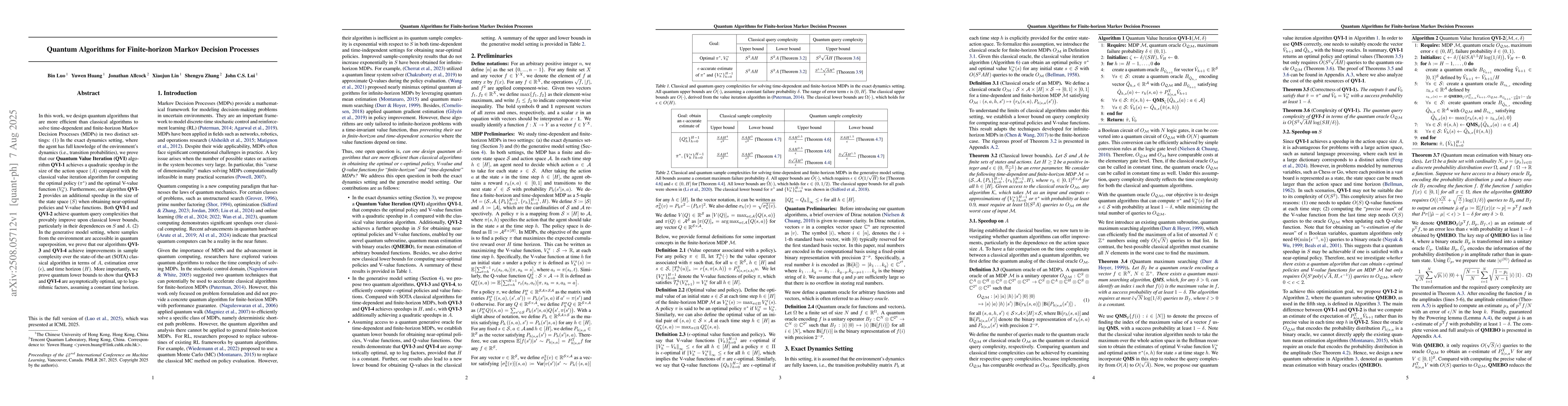 Thumbnail for Quantum Algorithms for Finite-horizon Markov Decision Processes