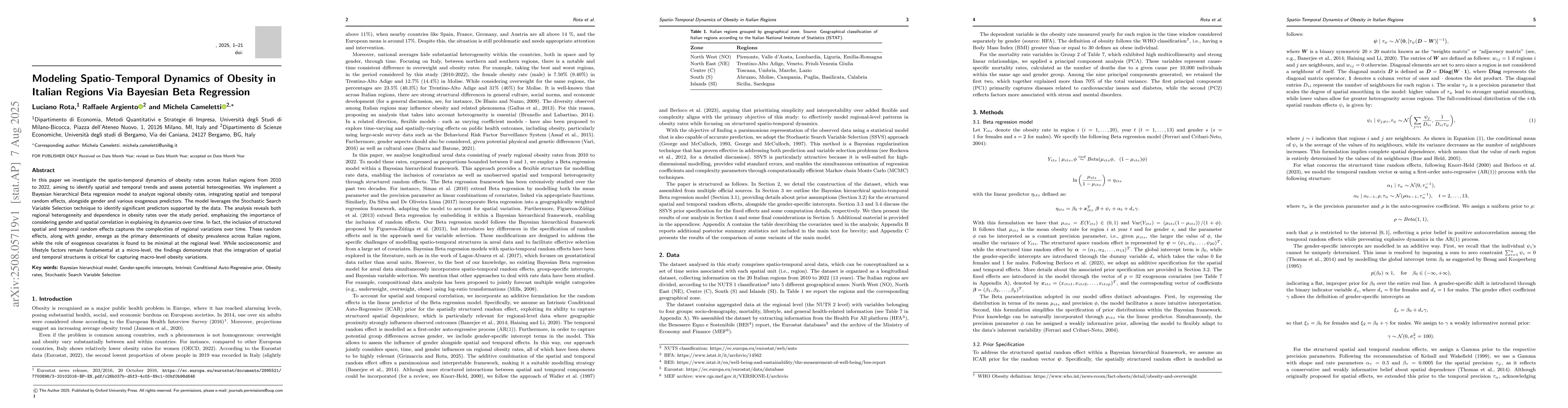 Thumbnail for Modeling Spatio-Temporal Dynamics of Obesity in Italian Regions Via
  Bayesian Beta Regression