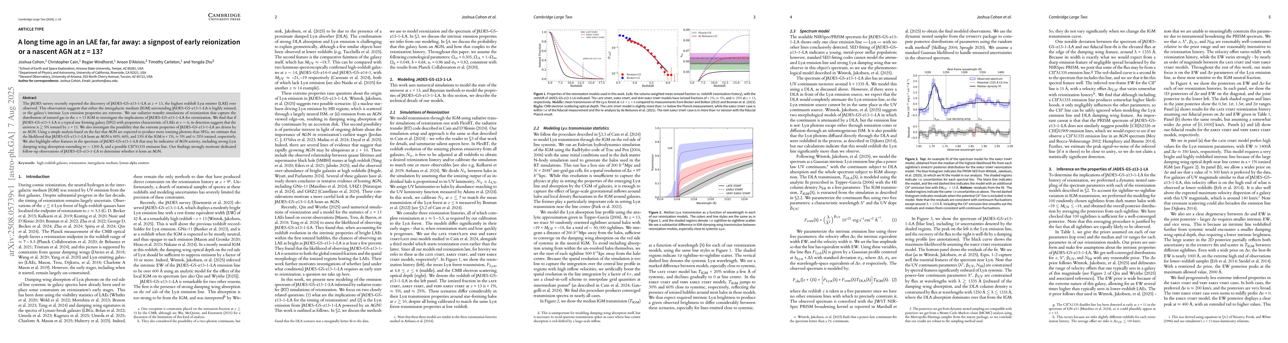 Thumbnail for A long time ago in an LAE far, far away: a signpost of early
  reionization or a nascent AGN at $z=13$?