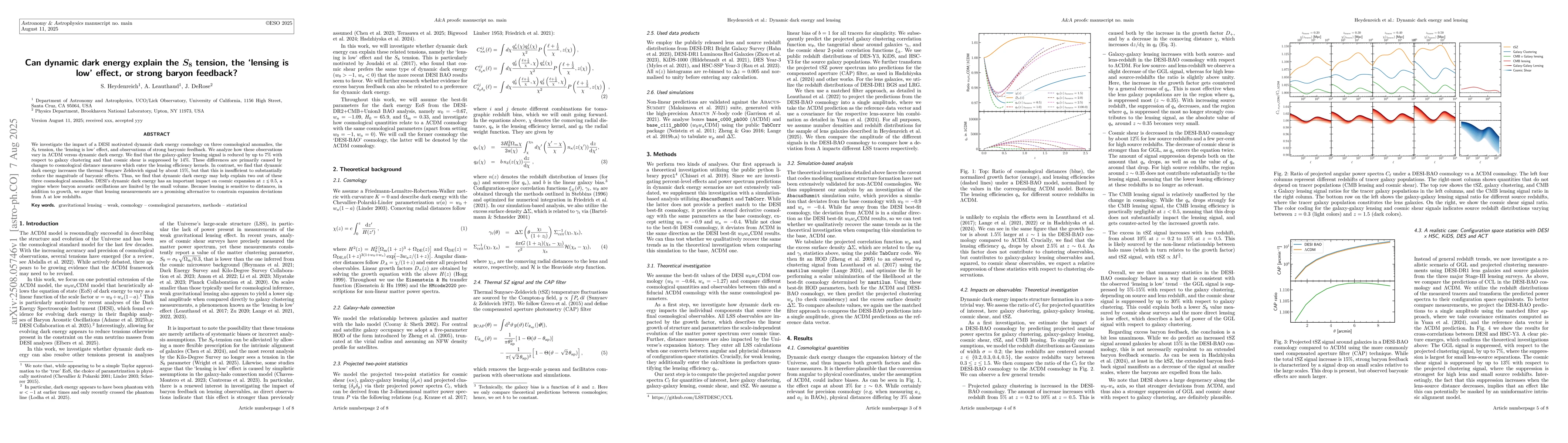 Thumbnail for Can dynamic dark energy explain the $S_8$ tension, the `lensing is low'
  effect, or strong baryon feedback?