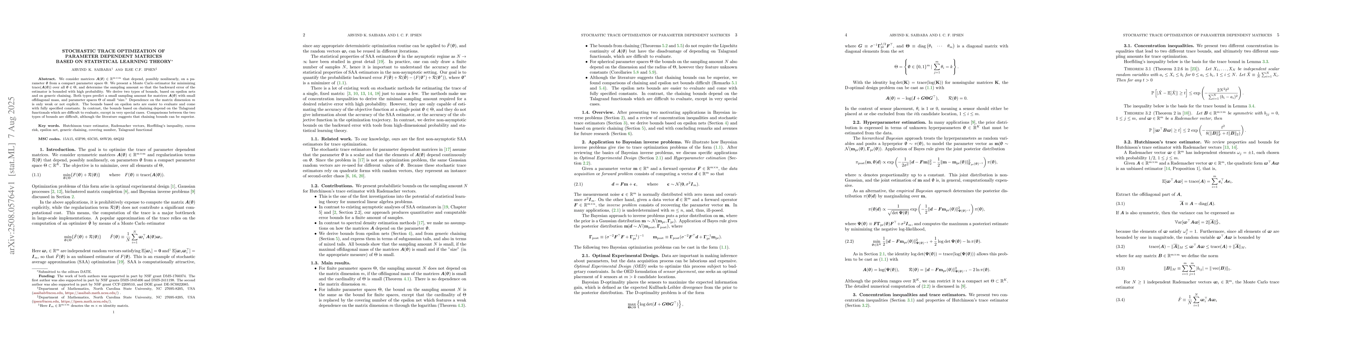 Thumbnail for Stochastic Trace Optimization of Parameter Dependent Matrices Based on
  Statistical Learning Theory