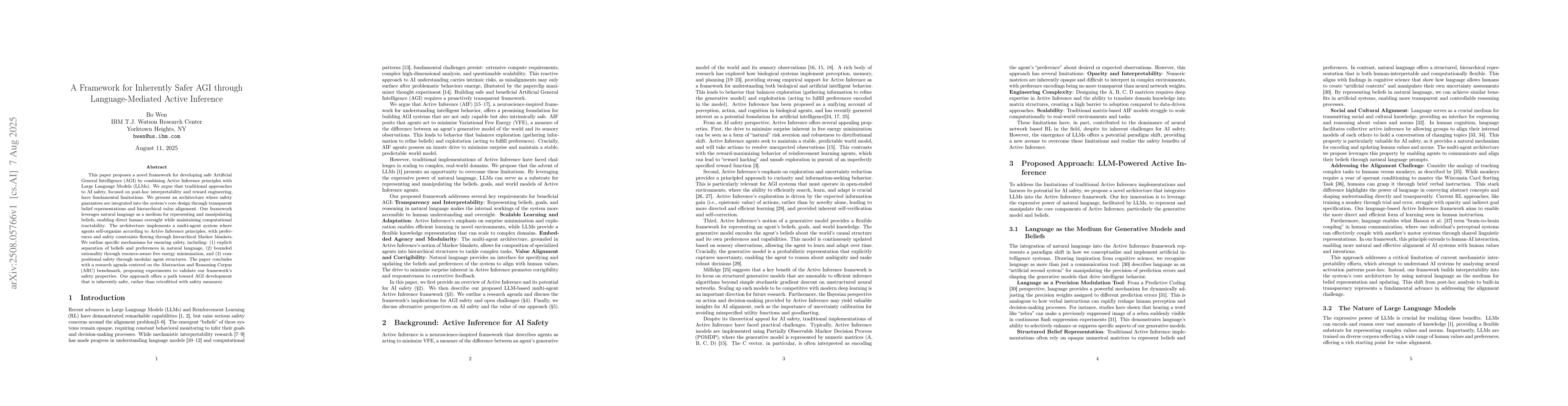 Thumbnail for A Framework for Inherently Safer AGI through Language-Mediated Active
  Inference