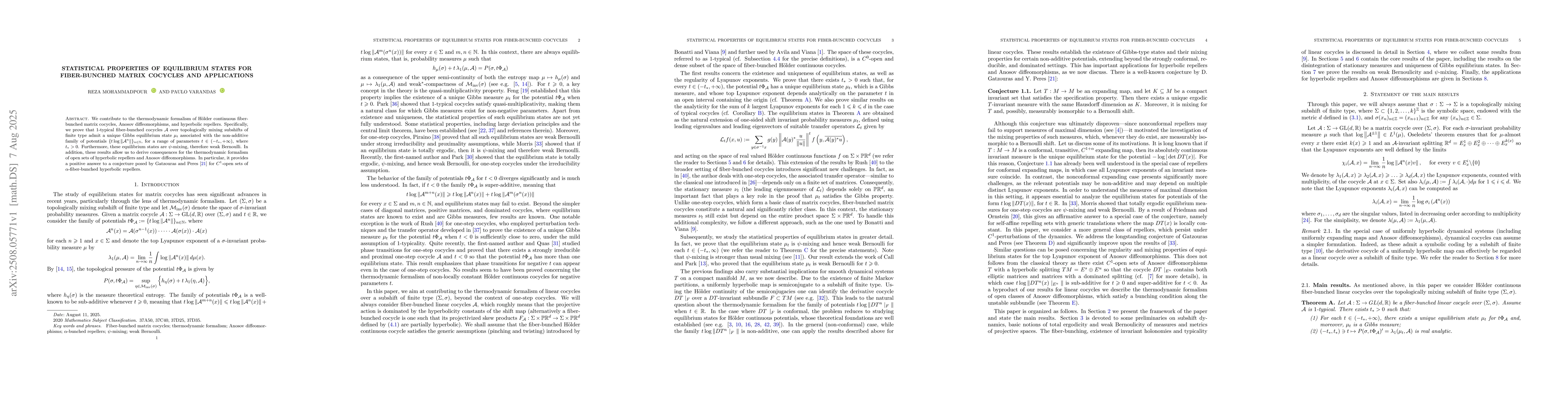 Thumbnail for Statistical properties of equilibrium states for fiber-bunched matrix
  cocycles and applications