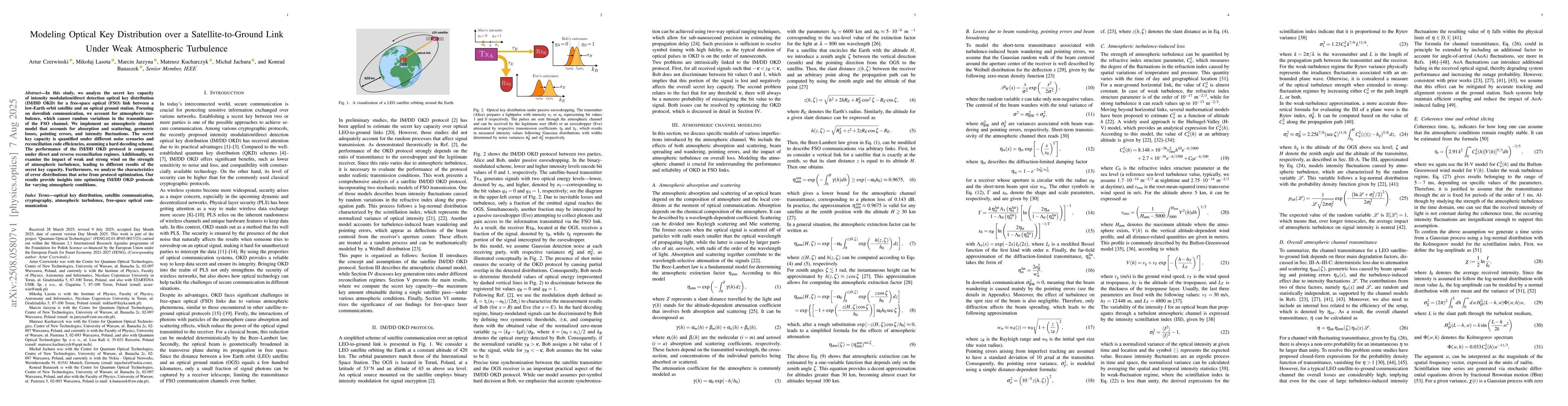 Thumbnail for Modeling Optical Key Distribution over a Satellite-to-Ground Link Under
  Weak Atmospheric Turbulence