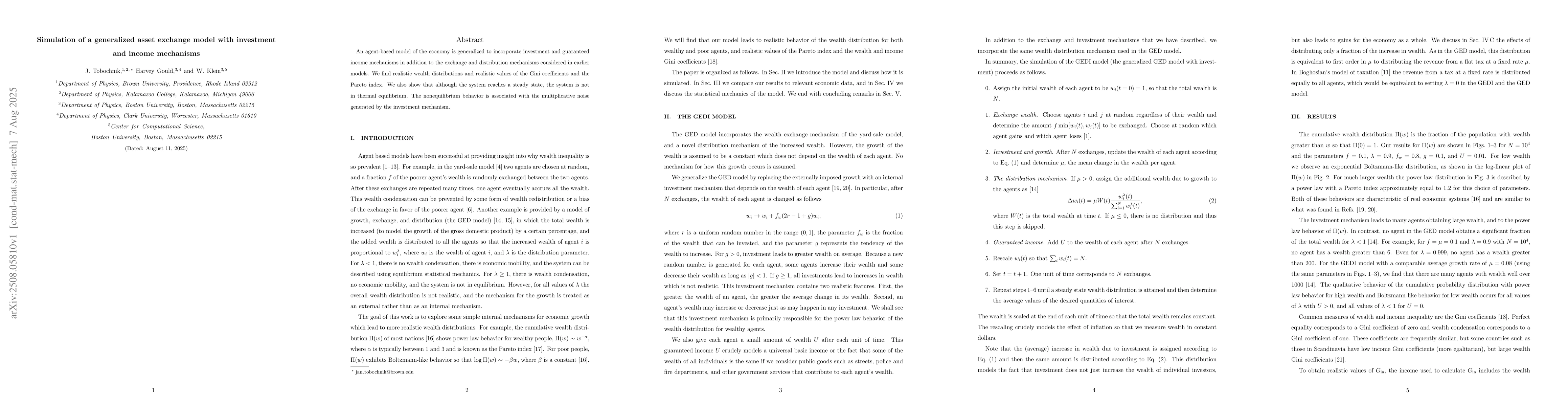 Thumbnail for Simulation of a generalized asset exchange model with investment and
  income mechanisms