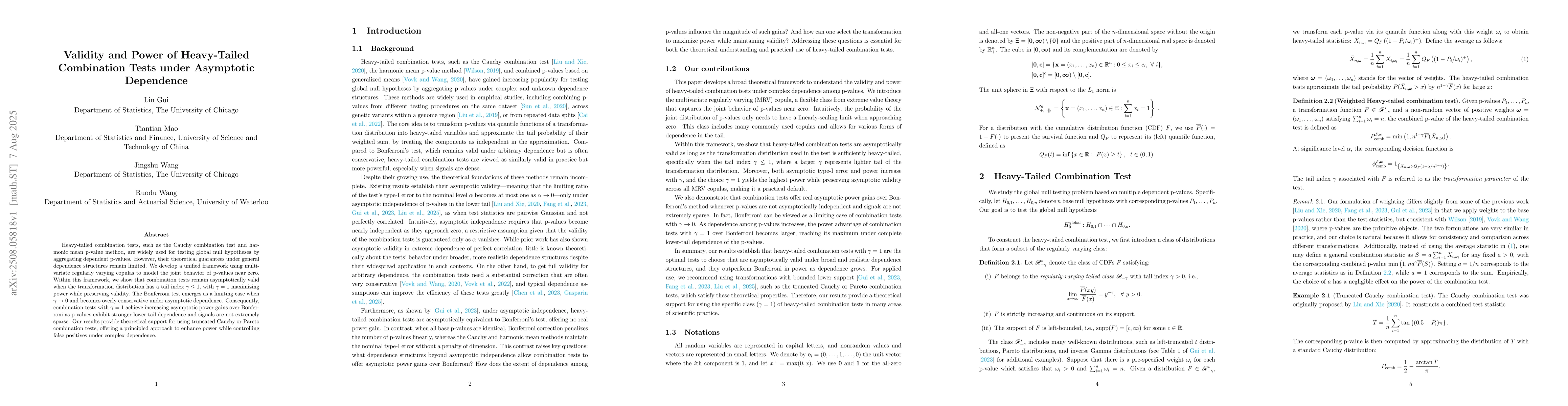 Thumbnail for Validity and Power of Heavy-Tailed Combination Tests under Asymptotic
  Dependence