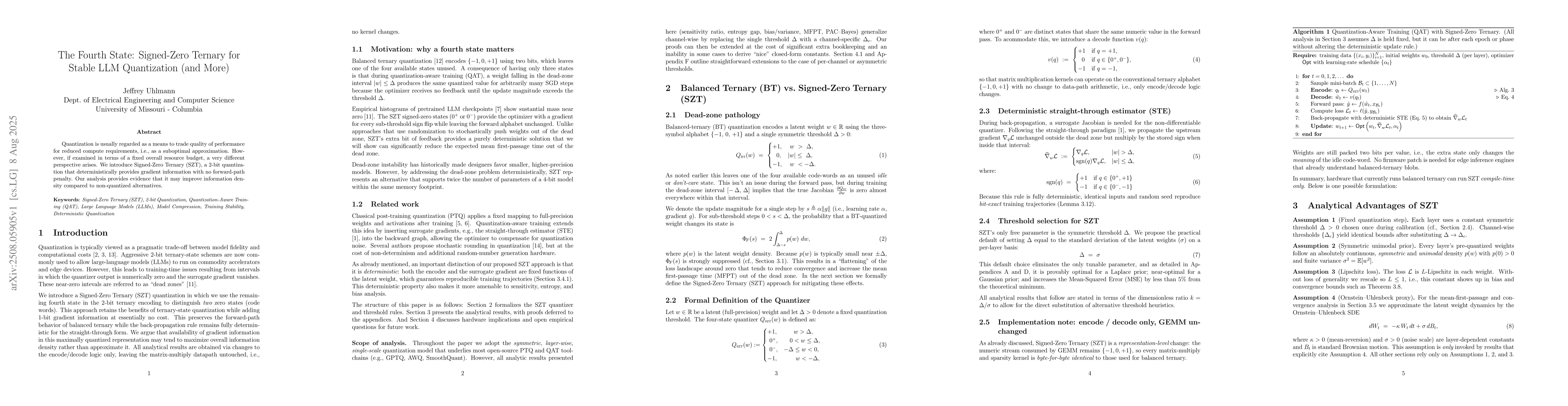 Thumbnail for The Fourth State: Signed-Zero Ternary for Stable LLM Quantization (and
  More)
