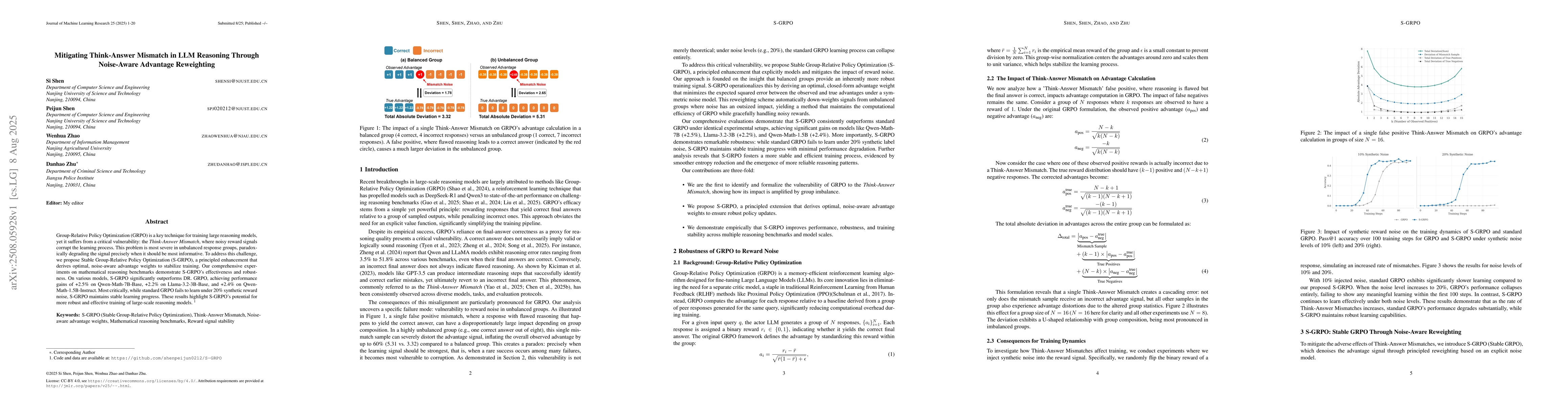 Thumbnail for Mitigating Think-Answer Mismatch in LLM Reasoning Through Noise-Aware
  Advantage Reweighting