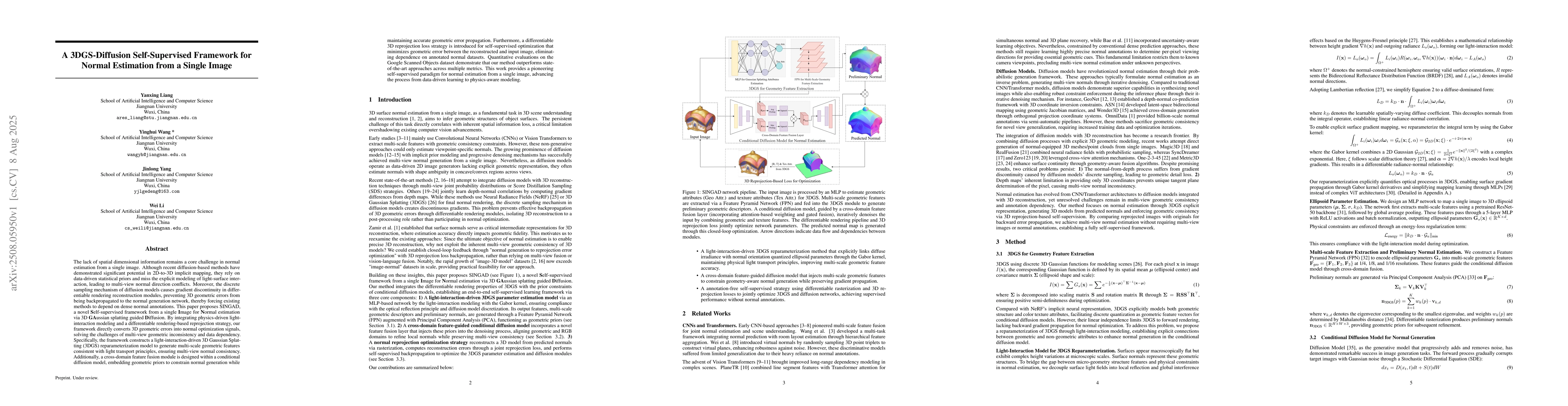 Thumbnail for A 3DGS-Diffusion Self-Supervised Framework for Normal Estimation from a
  Single Image