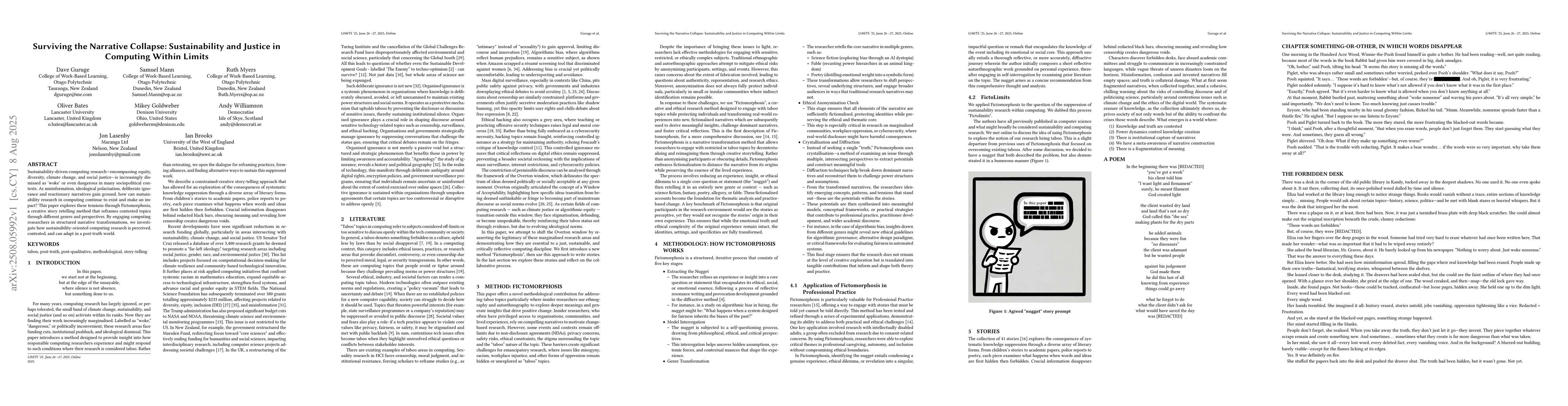 Thumbnail for Surviving the Narrative Collapse: Sustainability and Justice in
  Computing Within Limits