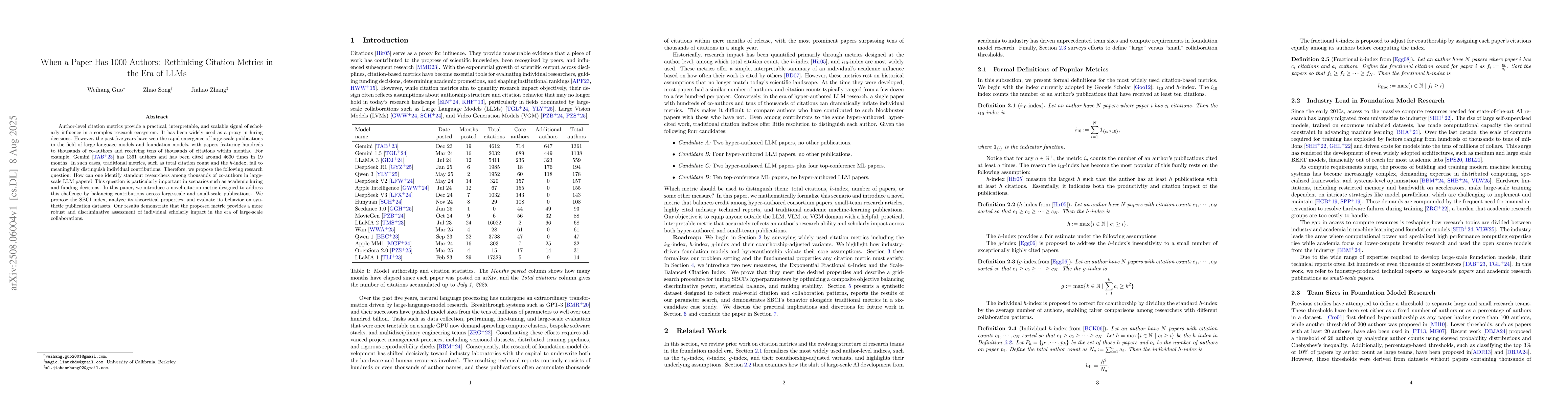 Thumbnail for When a Paper Has 1000 Authors: Rethinking Citation Metrics in the Era of
  LLMs