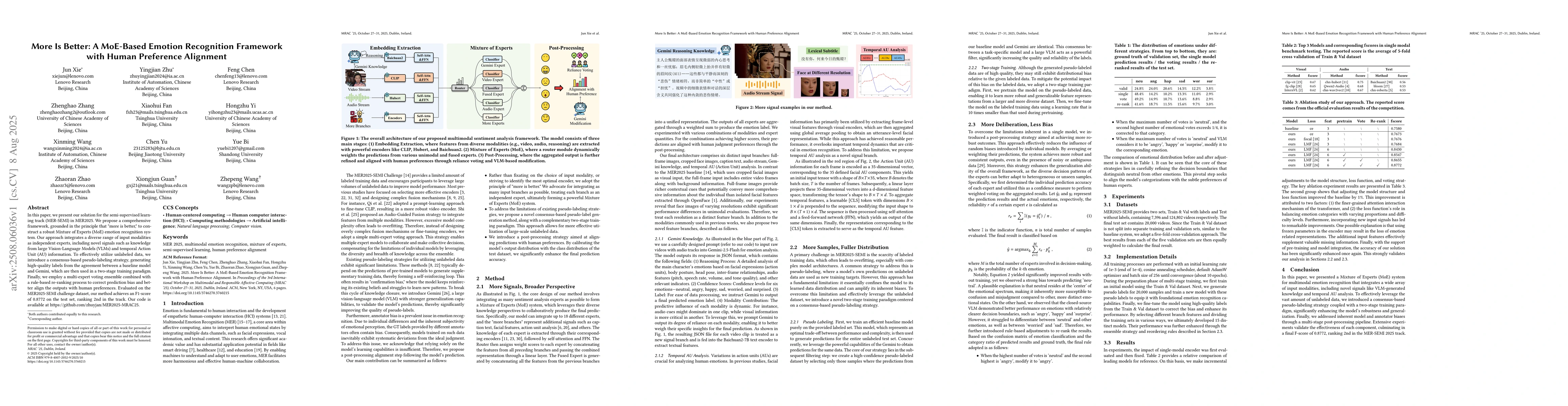 Thumbnail for More Is Better: A MoE-Based Emotion Recognition Framework with Human
  Preference Alignment
