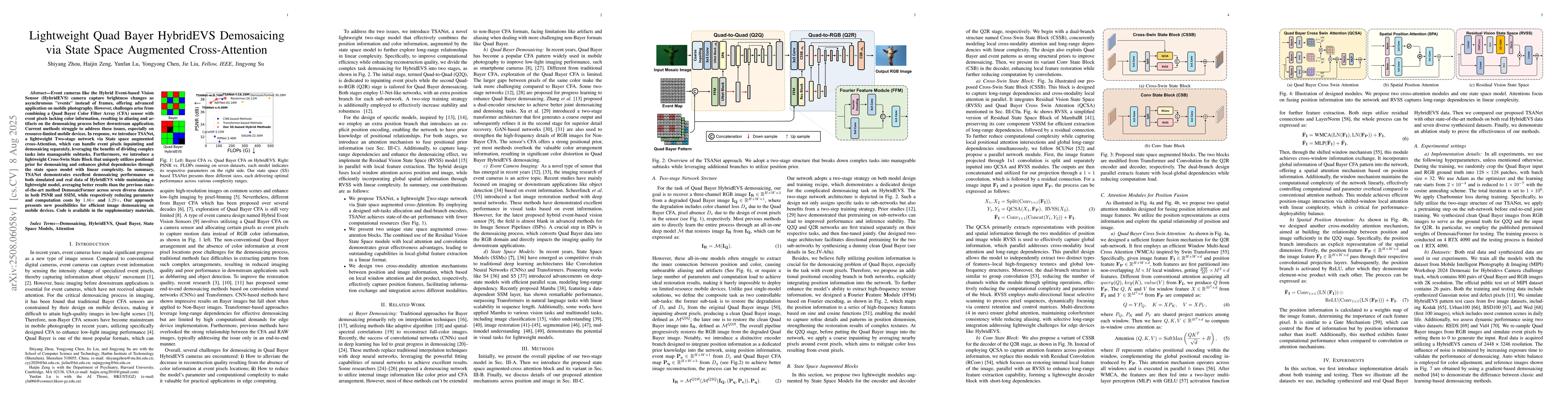 Thumbnail for Lightweight Quad Bayer HybridEVS Demosaicing via State Space Augmented
  Cross-Attention