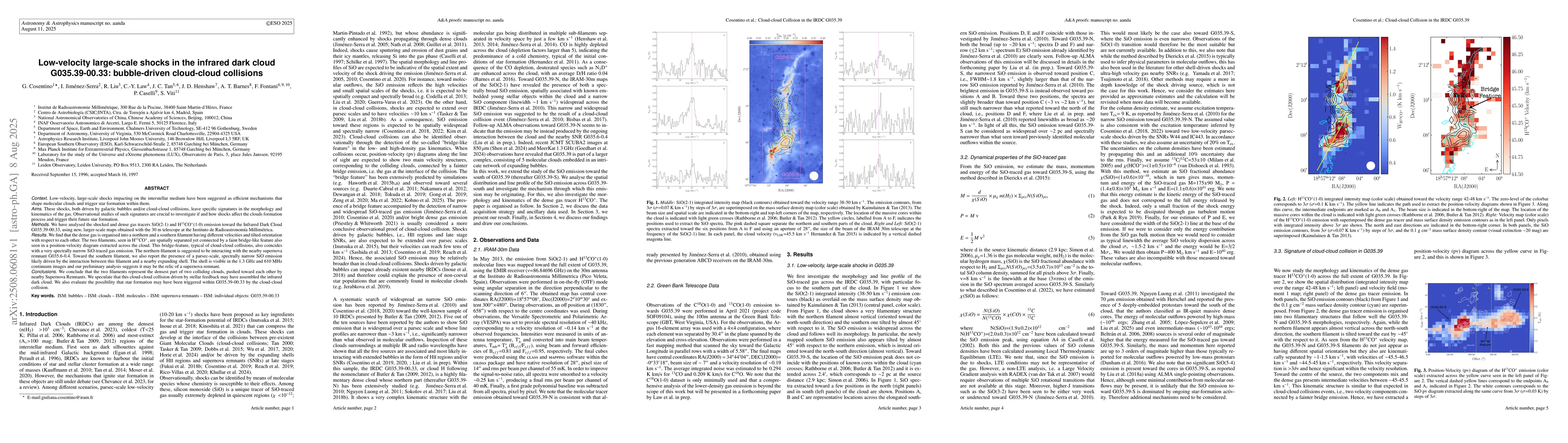 Thumbnail for Low-velocity large-scale shocks in the infrared dark cloud
  G035.39-00.33: bubble-driven cloud-cloud collisions