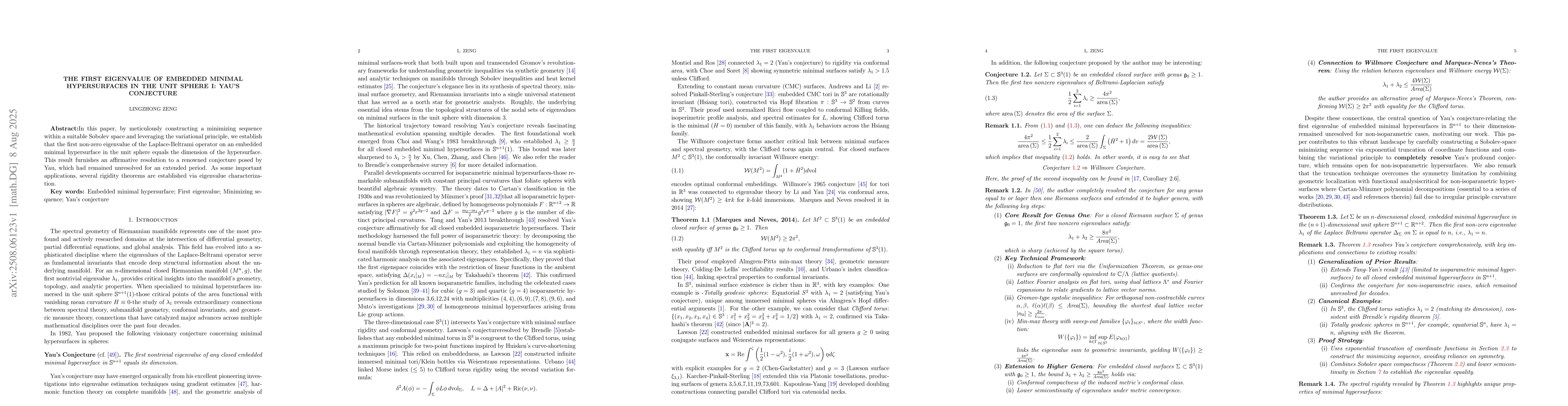 Thumbnail for The First Eigenvalue of Embedded Minimal Hypersurfaces in the Unit
  Sphere I: Yau's Conjecture