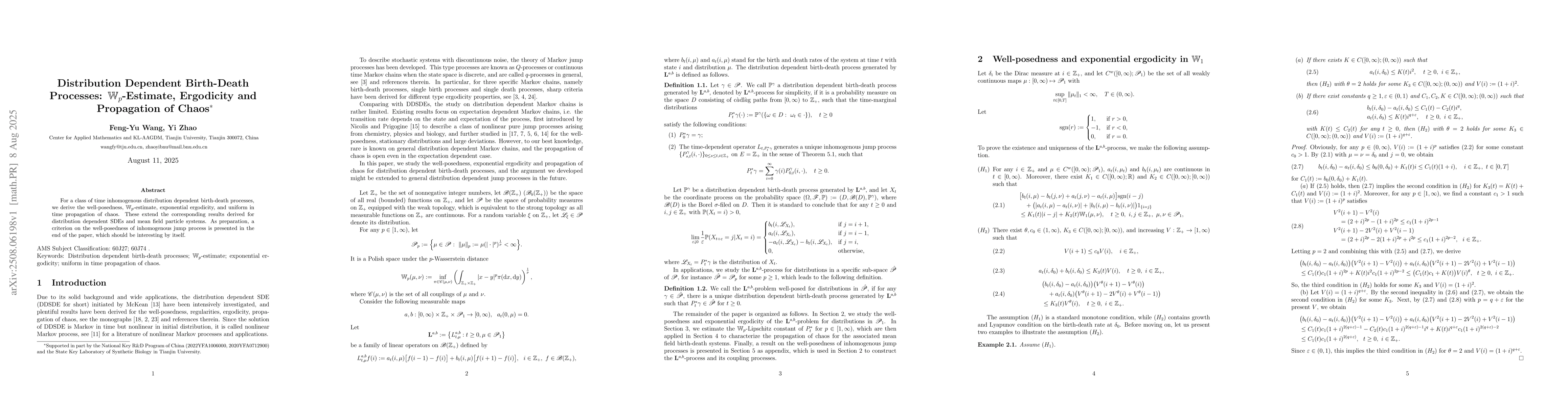 Thumbnail for Distribution Dependent Birth-Death Processes: $\mathbb{W}_p$-Estimate,
  Ergodicity and Propagation of Chaos