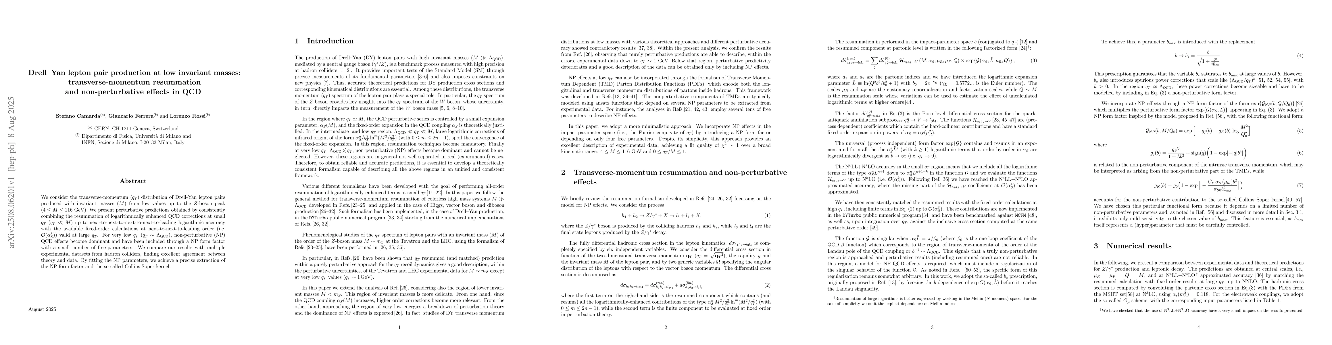 Thumbnail for Drell--Yan lepton pair production at low invariant masses:
  transverse-momentum resummation and non-perturbative effects in QCD