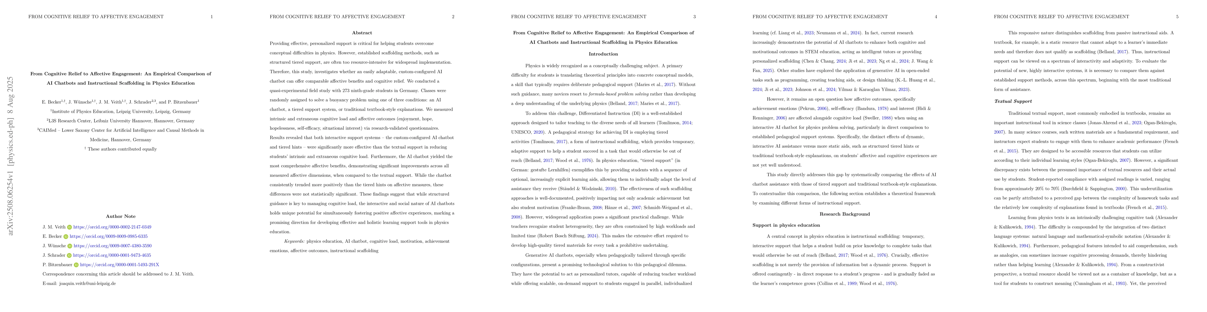 Thumbnail for From Cognitive Relief to Affective Engagement: An Empirical Comparison
  of AI Chatbots and Instructional Scaffolding in Physics Education