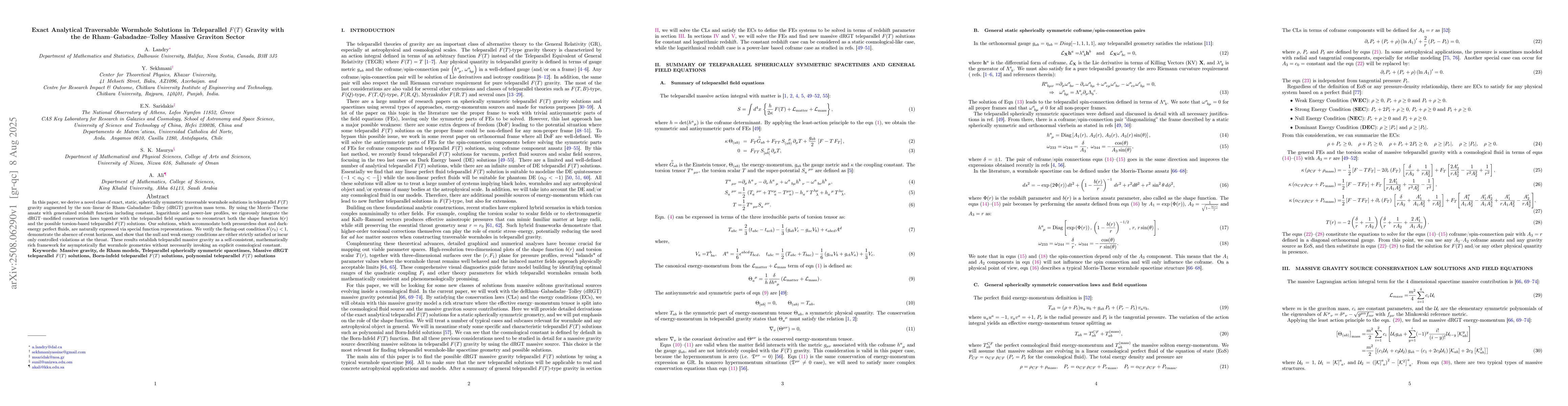 Thumbnail for Exact Analytical Traversable Wormhole Solutions in Teleparallel $F(T)$
  Gravity with the de Rham-Gabadadze-Tolley Massive Graviton Sector