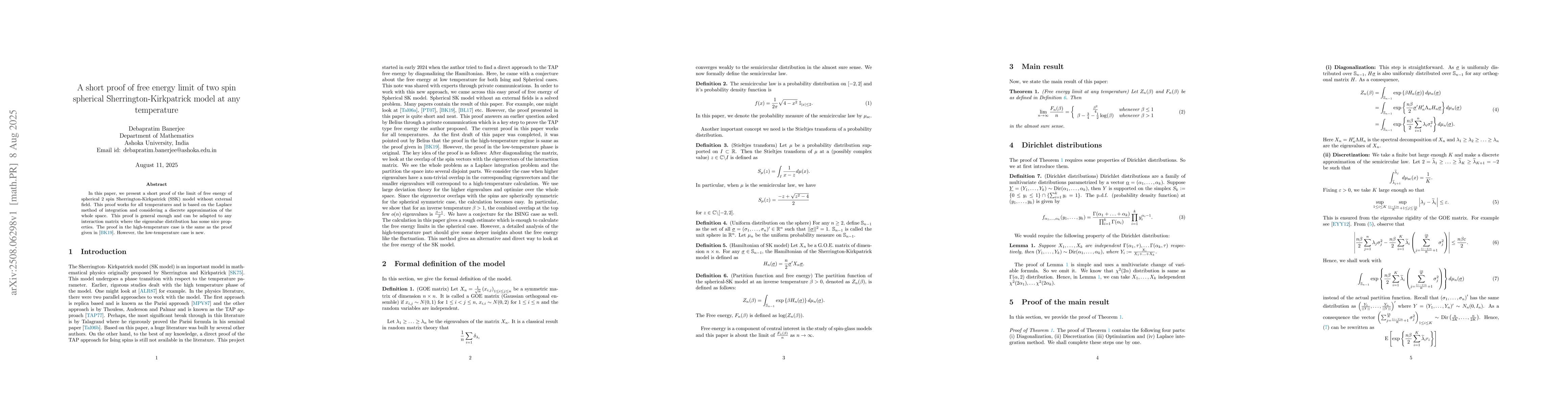 Thumbnail for A short proof of free energy limit of two spin spherical
  Sherrington-Kirkpatrick model at any temperature