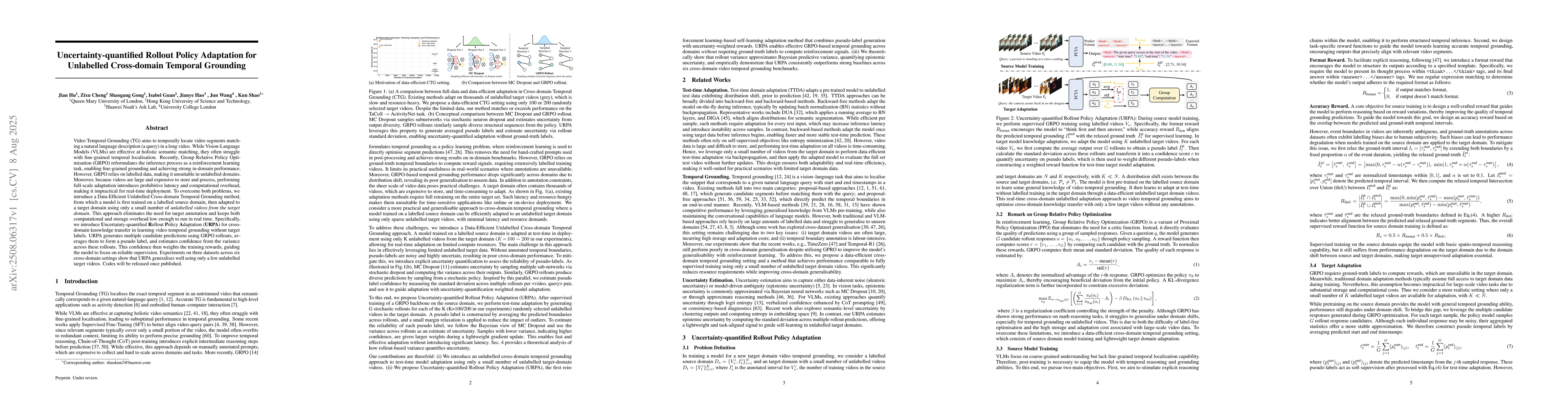 Thumbnail for Uncertainty-quantified Rollout Policy Adaptation for Unlabelled
  Cross-domain Temporal Grounding