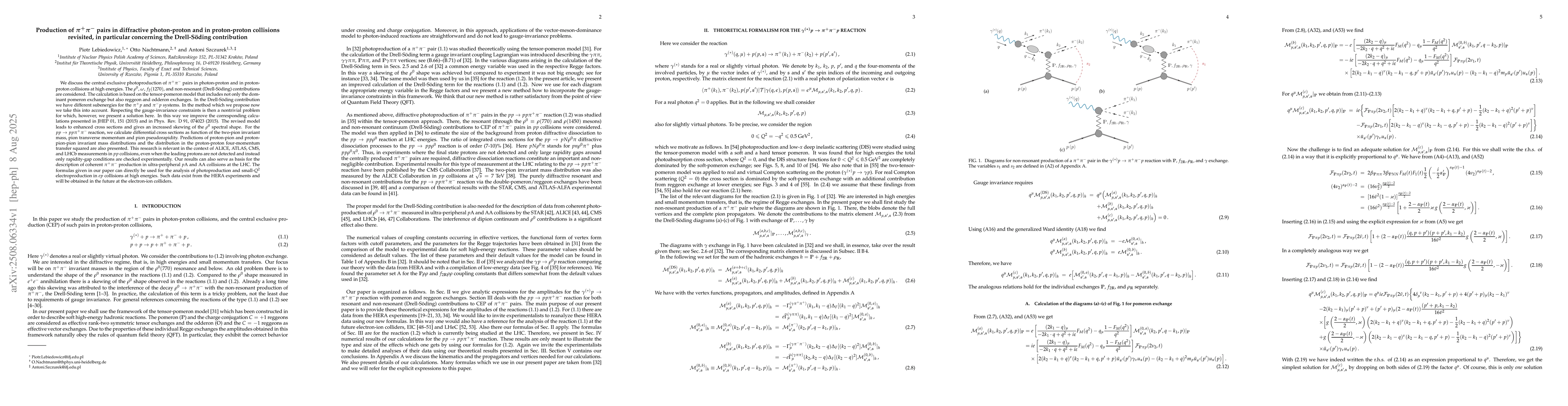 Thumbnail for Production of $π^{+}π^{-}$ pairs in diffractive photon-proton and in
  proton-proton collisions revisited, in particular concerning the
  Drell-Söding contribution