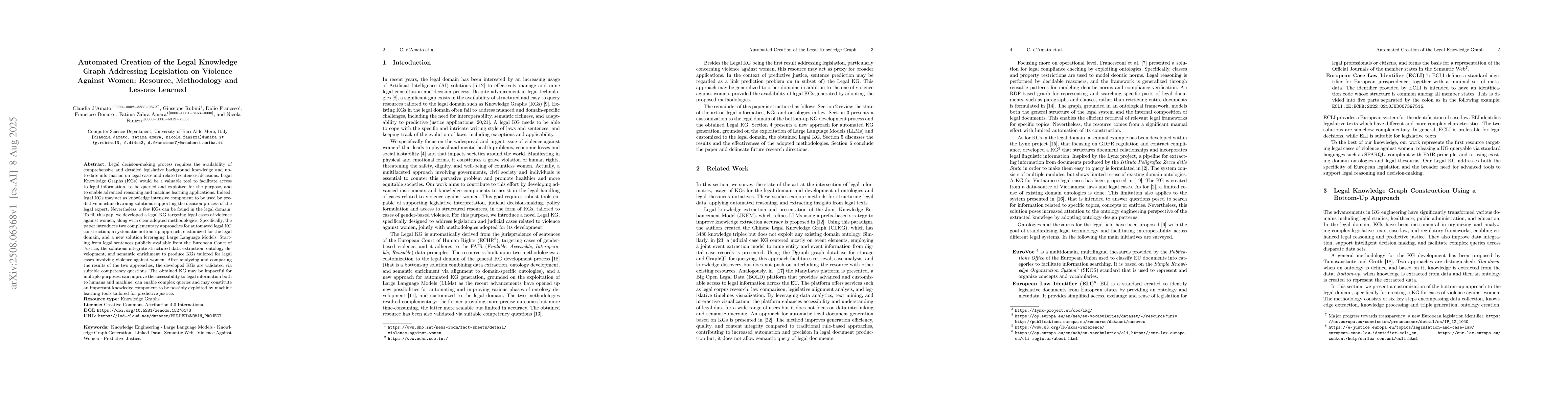 Thumbnail for Automated Creation of the Legal Knowledge Graph Addressing Legislation
  on Violence Against Women: Resource, Methodology and Lessons Learned