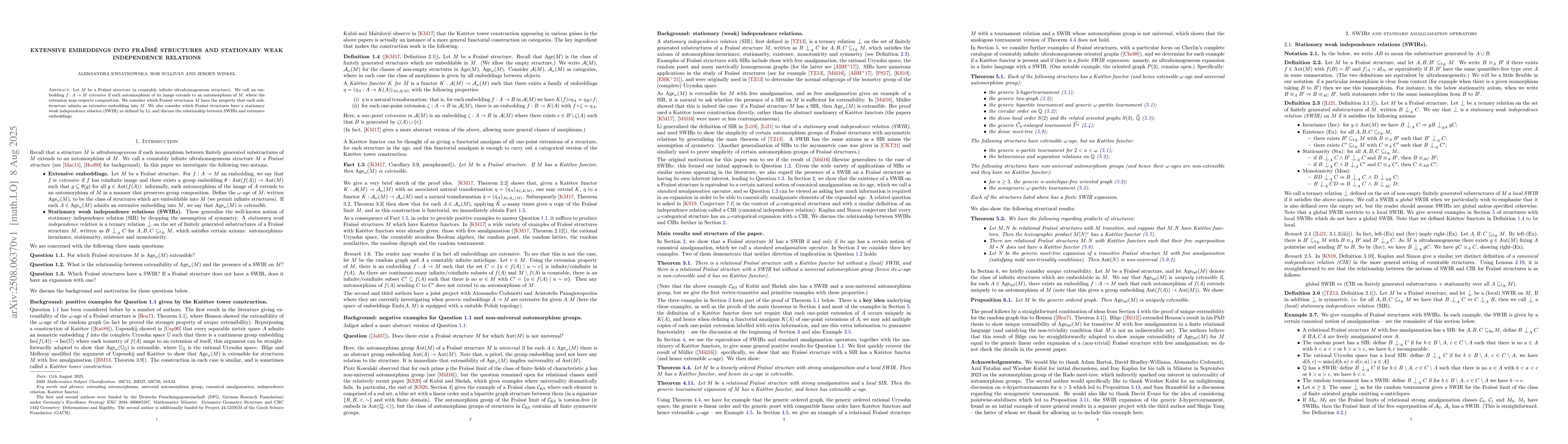 Thumbnail for Extensive embeddings into Fraïssé structures and stationary weak
  independence relations