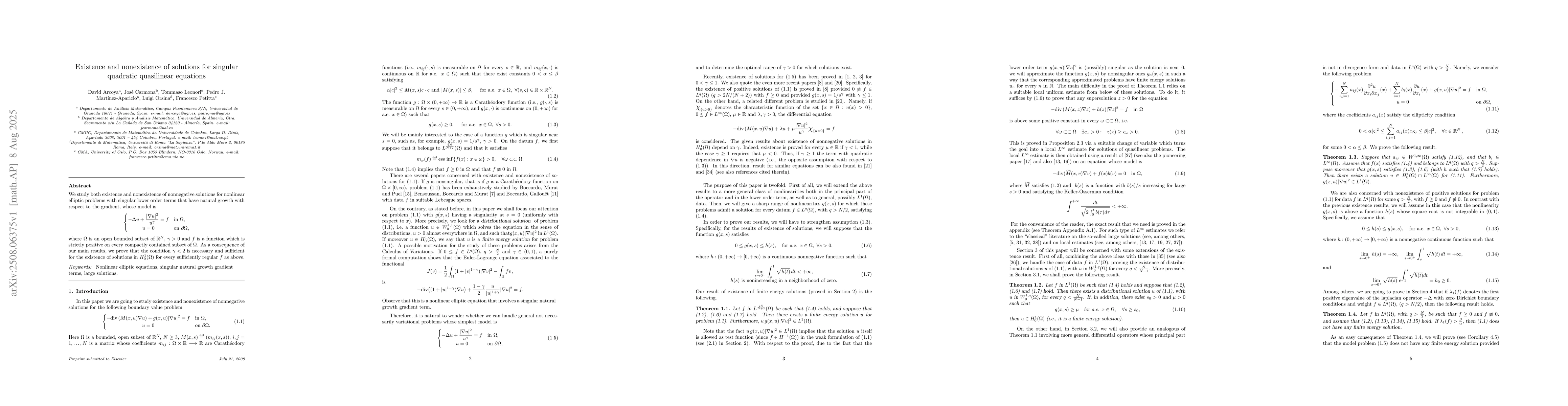 Thumbnail for Existence and nonexistence of solutions for singular quadratic
  quasilinear equations