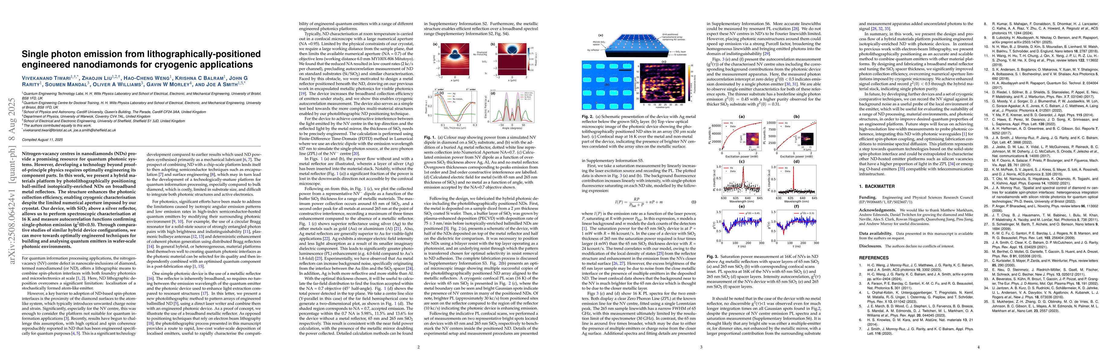 Thumbnail for Single photon emission from lithographically-positioned engineered
  nanodiamonds for cryogenic applications