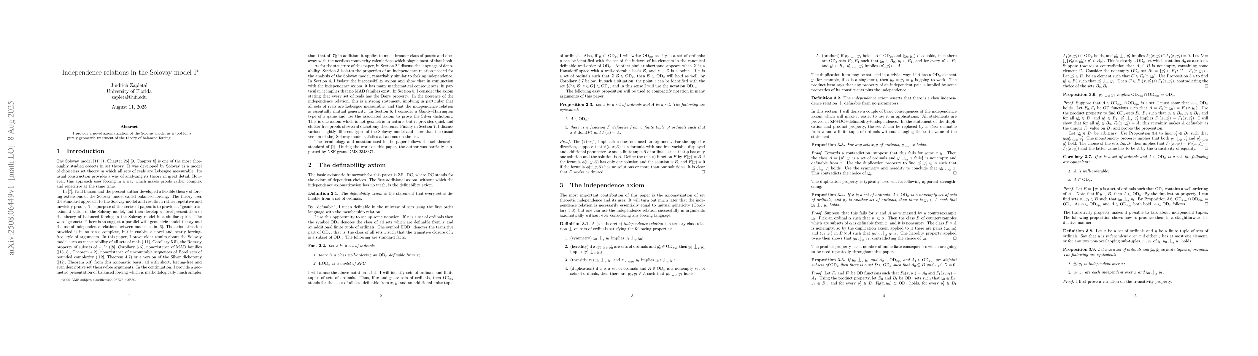 Thumbnail for Independence relations in the Solovay model I