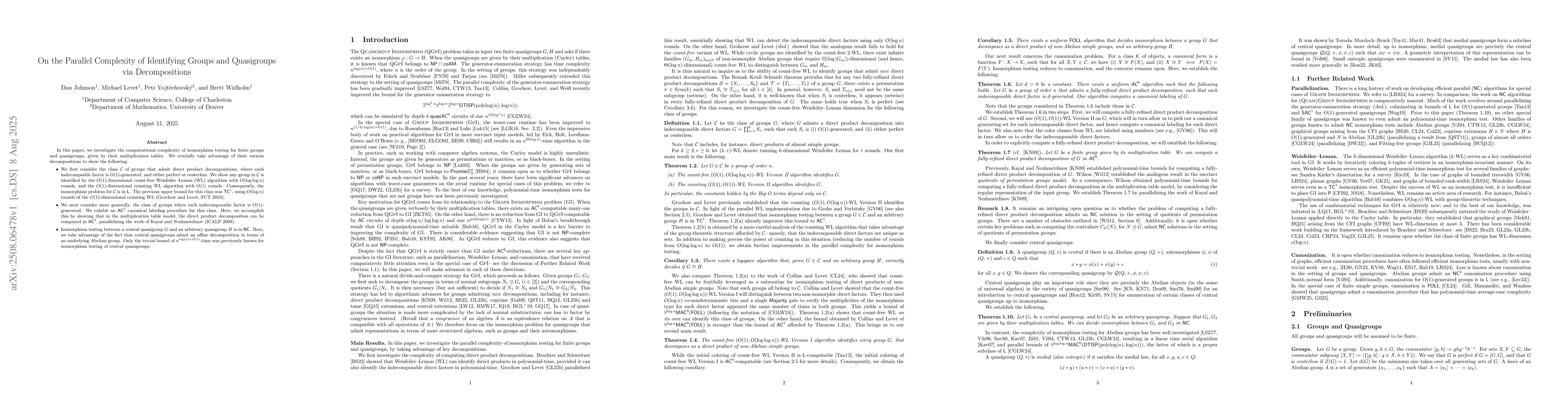 Thumbnail for On the Parallel Complexity of Identifying Groups and Quasigroups via
  Decompositions