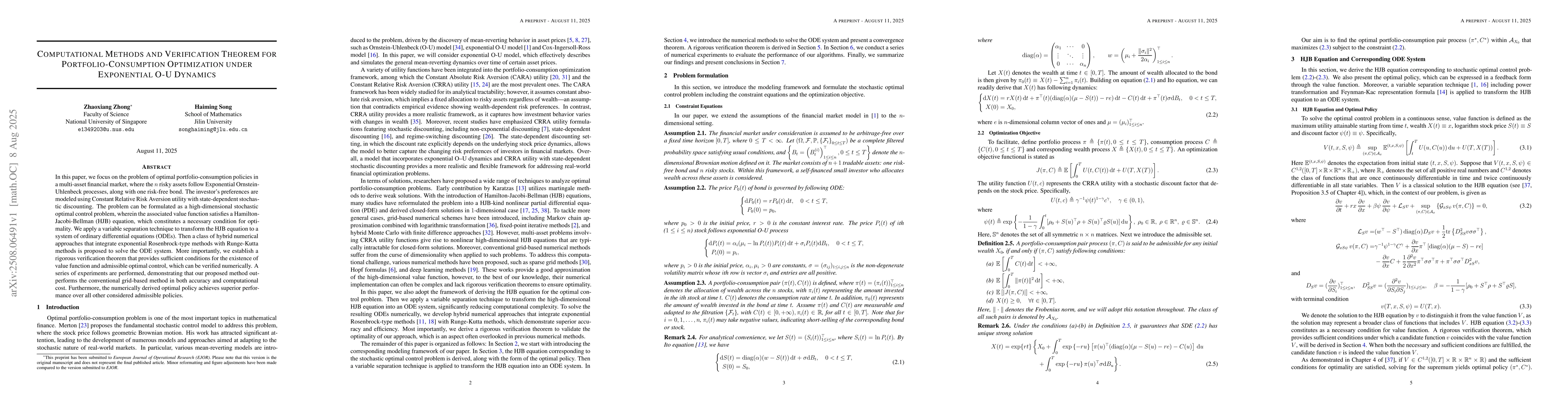 Thumbnail for Computational Methods and Verification Theorem for Portfolio-Consumption
  Optimization under Exponential O-U Dynamics
