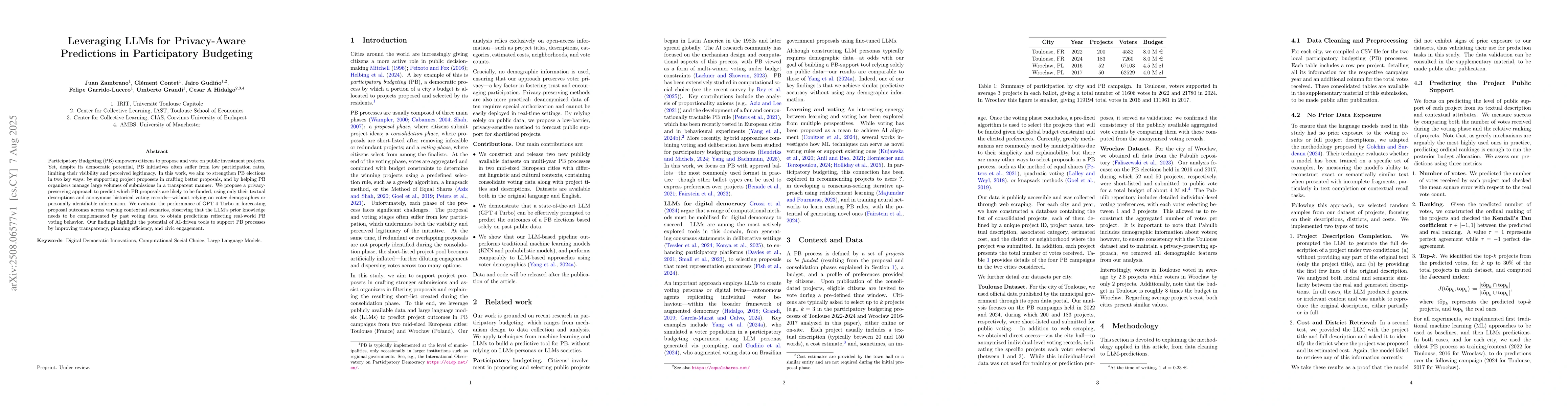 Thumbnail for Leveraging LLMs for Privacy-Aware Predictions in Participatory Budgeting