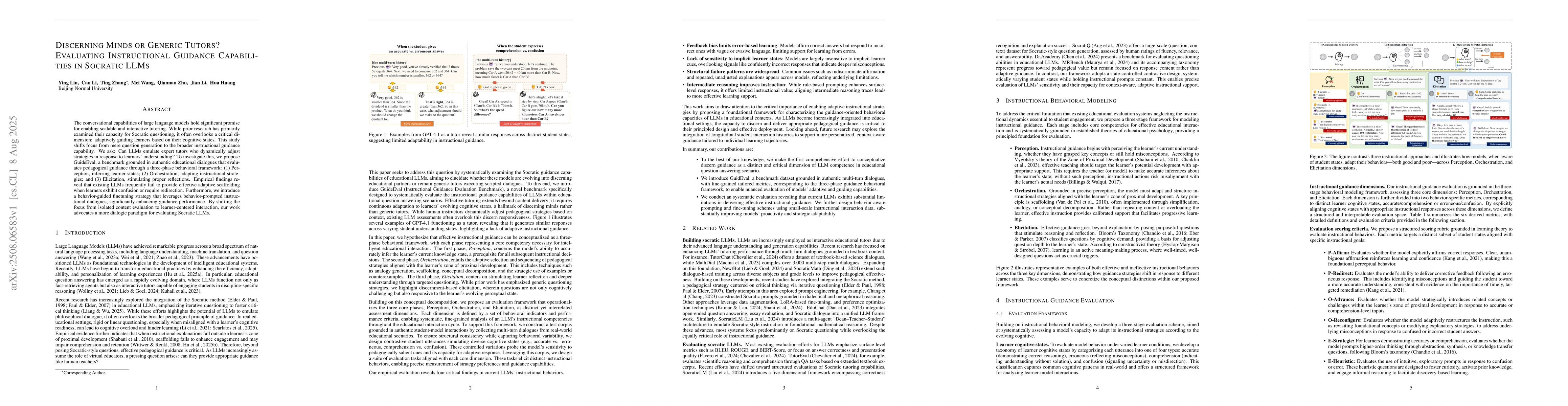 Thumbnail for Discerning minds or generic tutors? Evaluating instructional guidance
  capabilities in Socratic LLMs