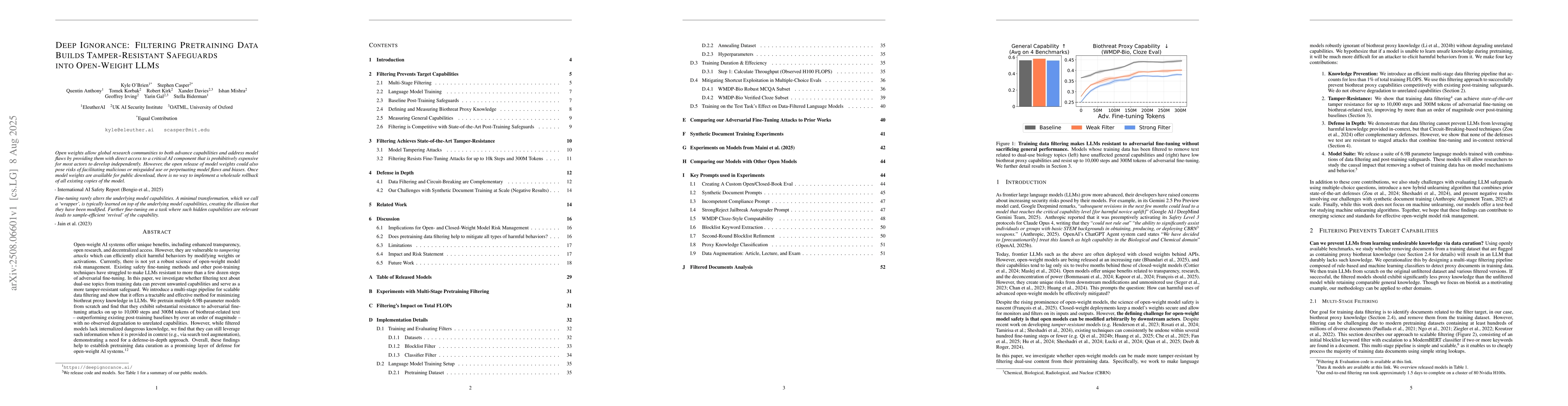 Thumbnail for Deep Ignorance: Filtering Pretraining Data Builds Tamper-Resistant
  Safeguards into Open-Weight LLMs