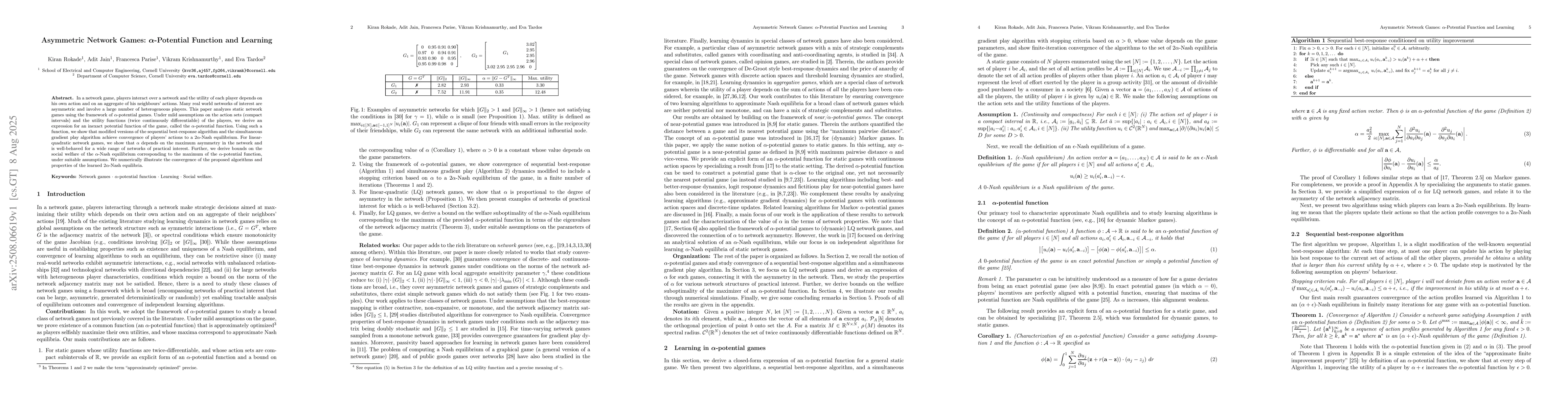Thumbnail for Asymmetric Network Games: $α$-Potential Function and Learning