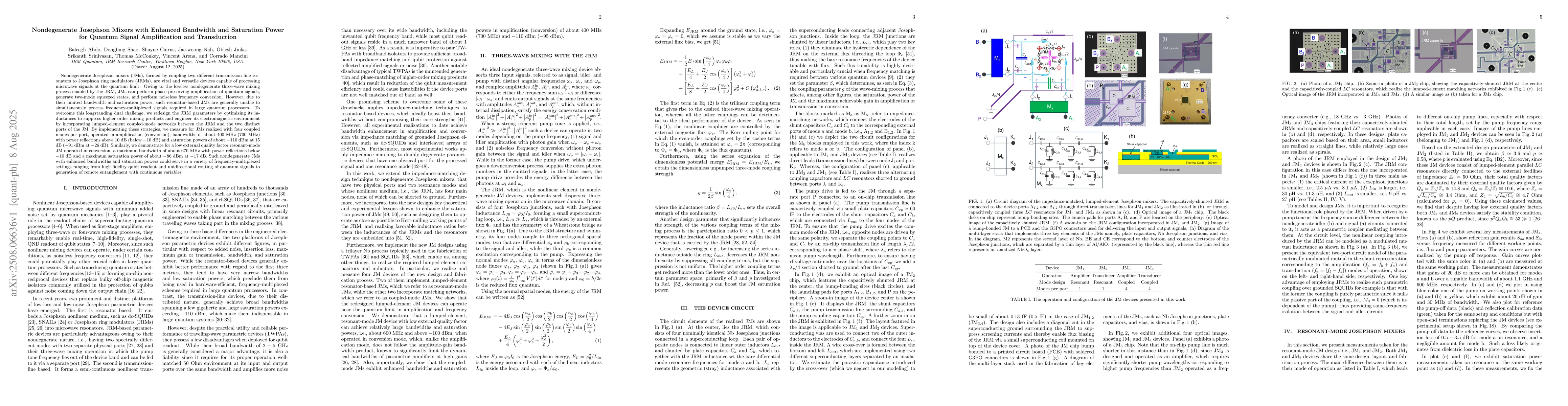 Thumbnail for Nondegenerate Josephson Mixers with Enhanced Bandwidth and Saturation
  Power for Quantum Signal Amplification and Transduction