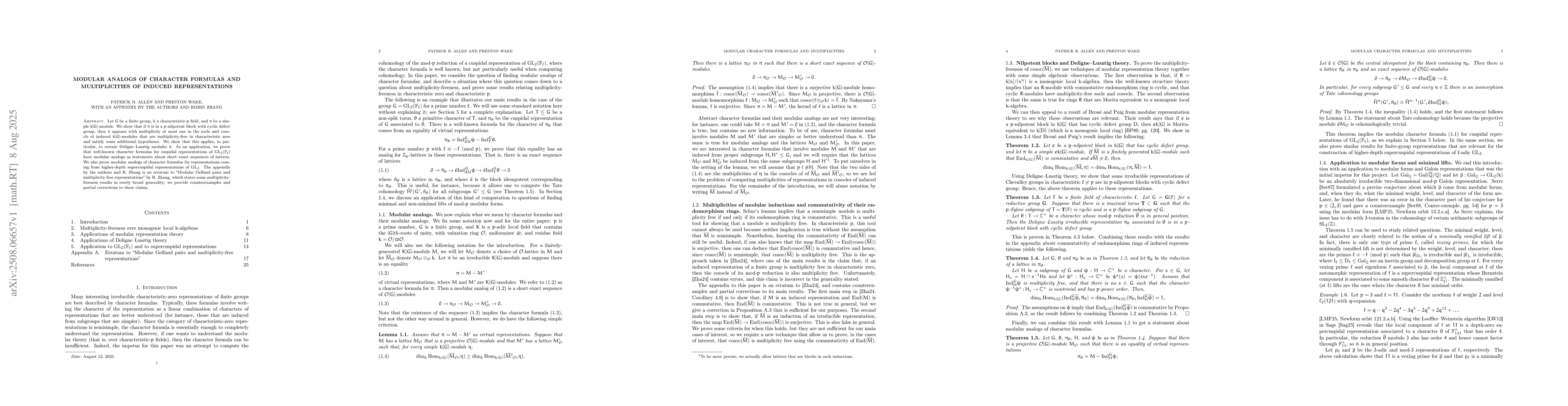 Thumbnail for Modular analogs of character formulas and multiplicities of induced
  representations