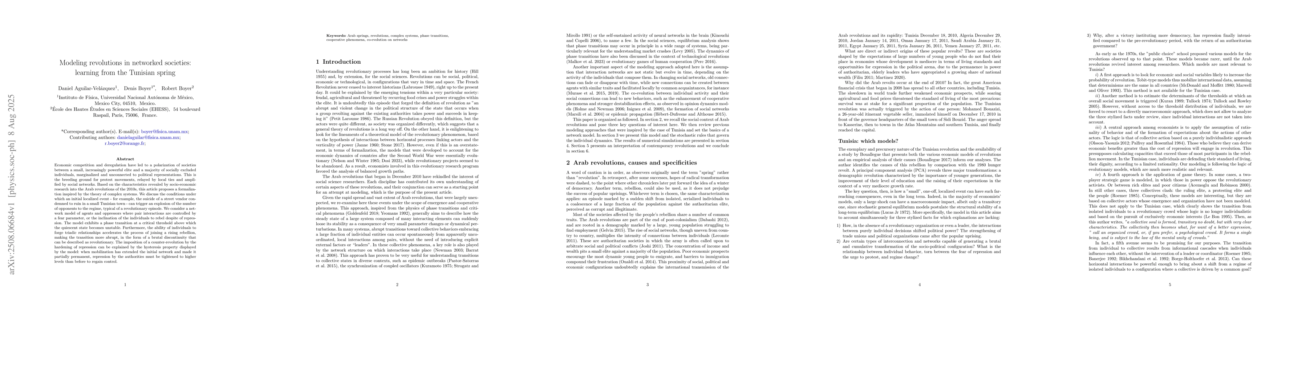 Thumbnail for Modeling revolutions in networked societies: learning from the Tunisian
  spring
