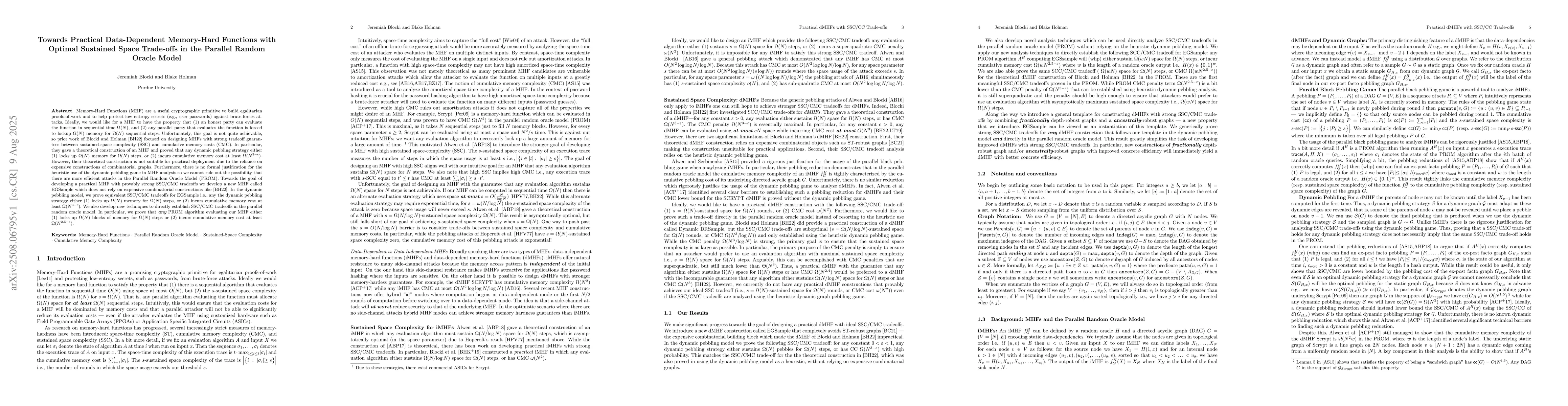 Thumbnail for Towards Practical Data-Dependent Memory-Hard Functions with Optimal
  Sustained Space Trade-offs in the Parallel Random Oracle Model