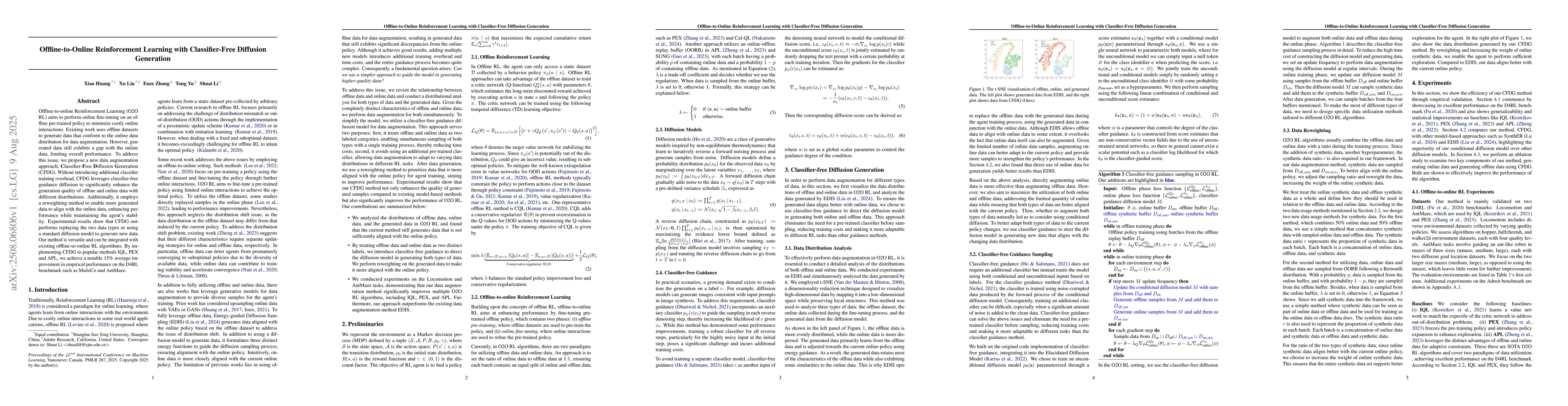Thumbnail for Offline-to-Online Reinforcement Learning with Classifier-Free Diffusion
  Generation