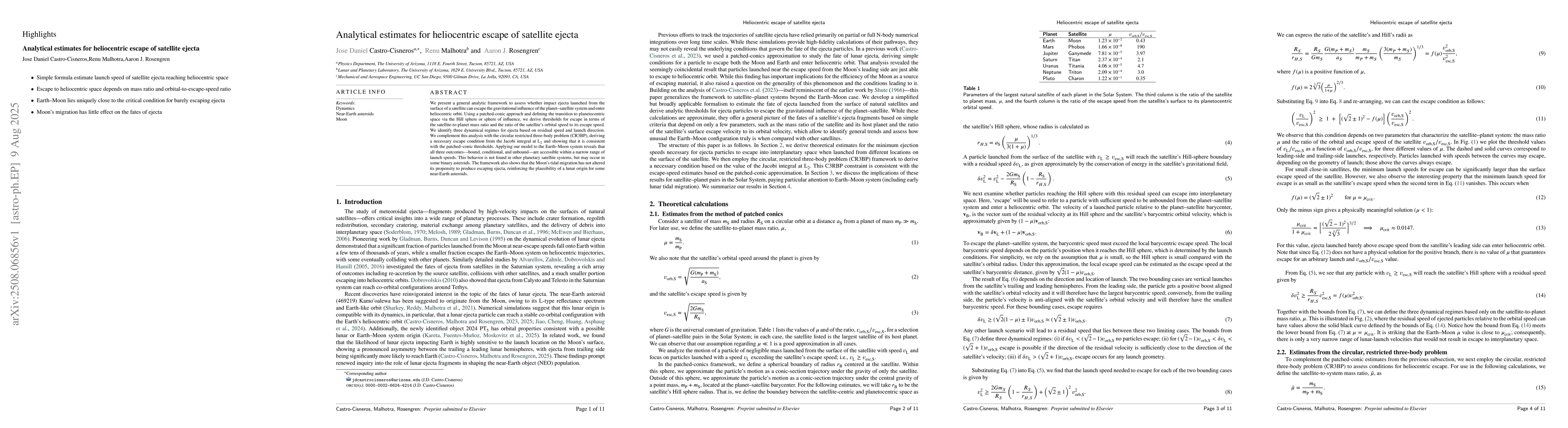 Thumbnail for Analytical estimates for heliocentric escape of satellite ejecta