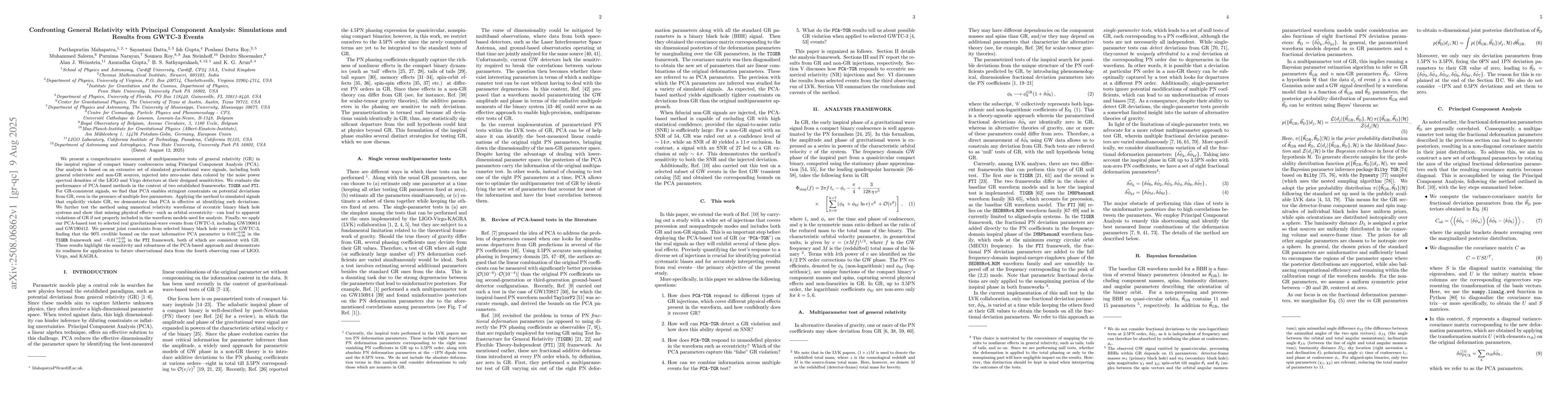 Thumbnail for Confronting General Relativity with Principal Component Analysis:
  Simulations and Results from GWTC-3 Events