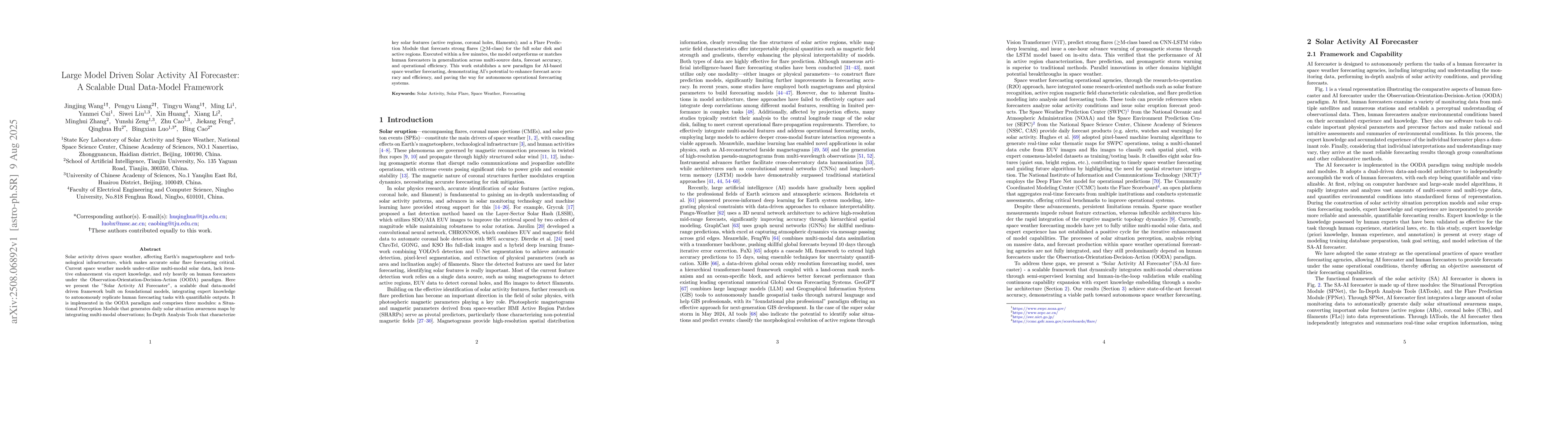 Thumbnail for Large Model Driven Solar Activity AI Forecaster: A Scalable Dual
  Data-Model Framework