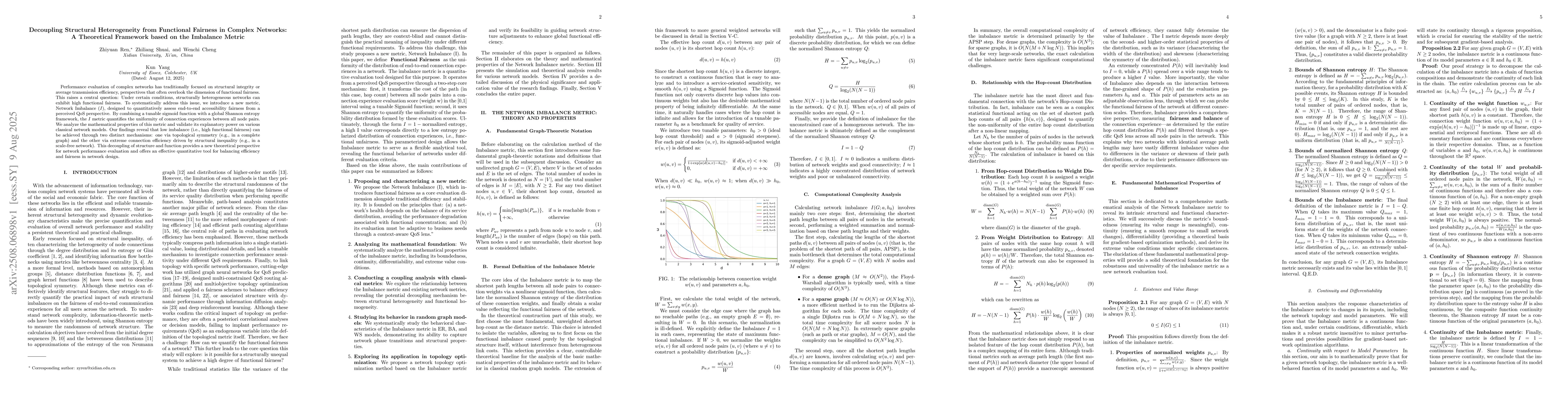 Thumbnail for Decoupling Structural Heterogeneity from Functional Fairness in Complex
  Networks: A Theoretical Framework based on the Imbalance Metric