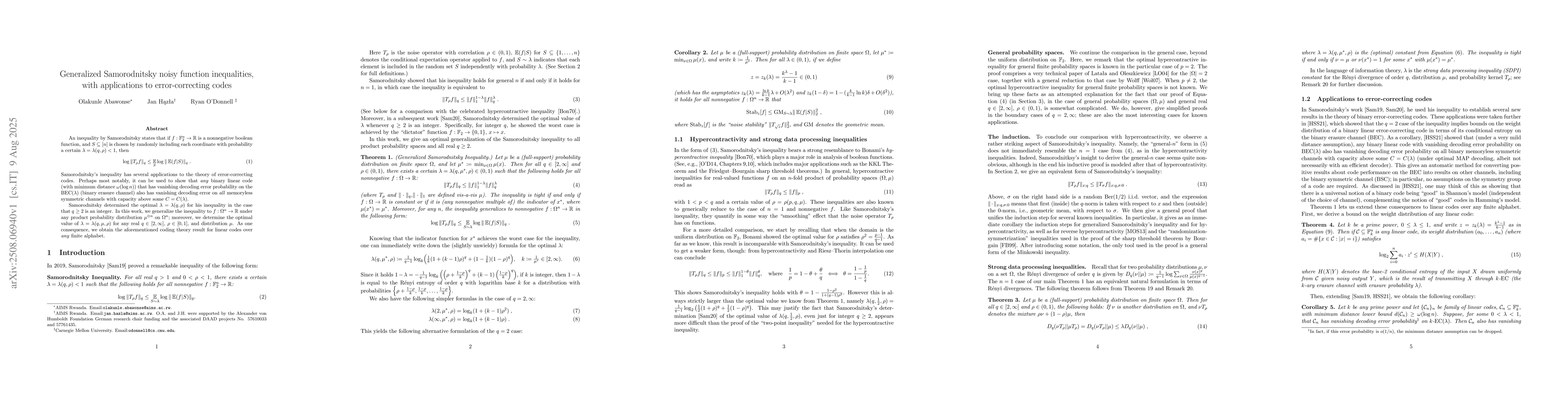 Thumbnail for Generalized Samorodnitsky noisy function inequalities, with applications
  to error-correcting codes